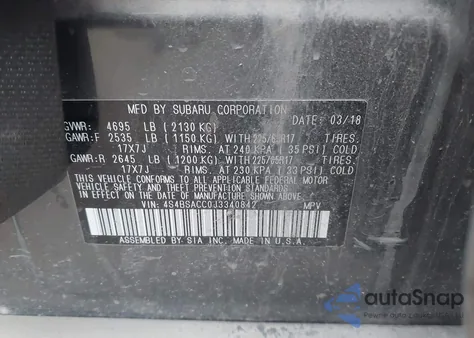 2018 Subaru Outback 2.5I Premium из США, поврежденный, VIN 4S4BSACC0J3340842